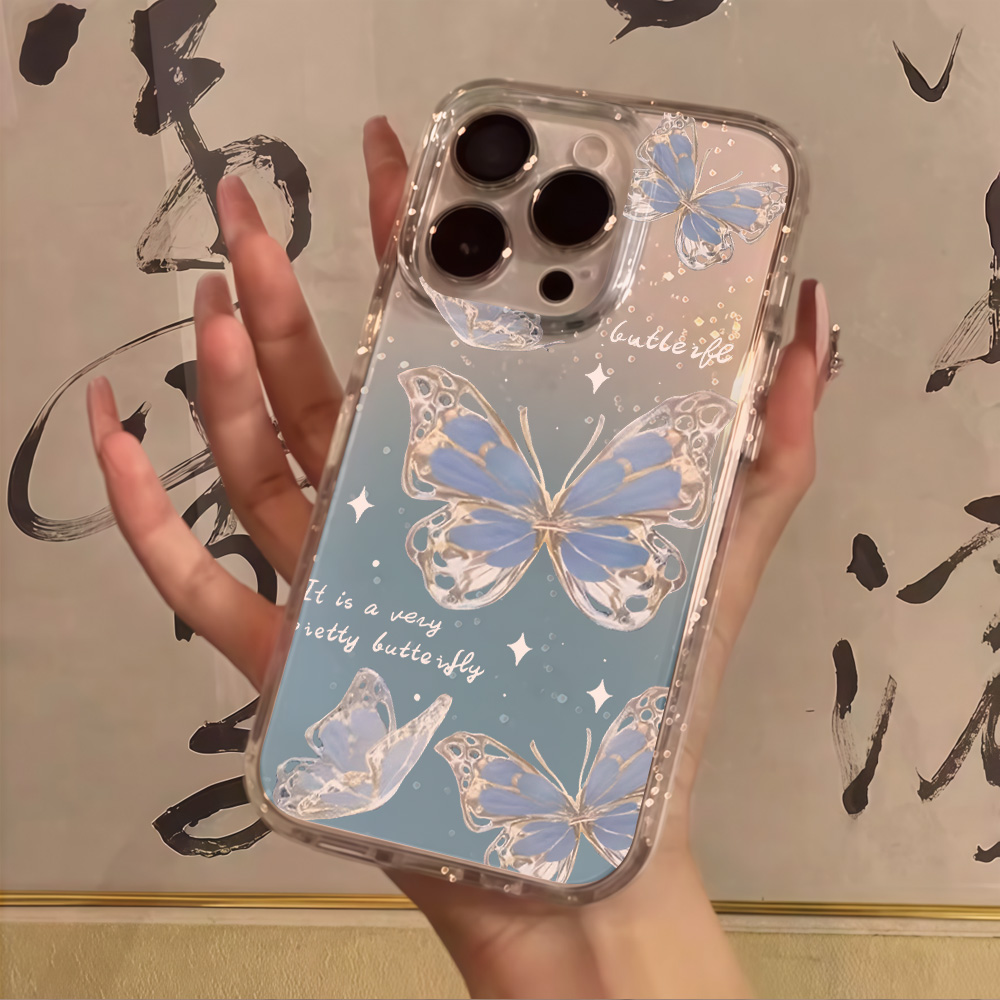 Clear Shockproof Bumper Case - Lüks Mavi Kelebek Şeffaf Simli Telefon